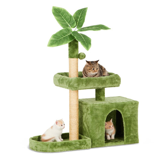 31.5" Cat Tree Cat Tower for Indoor Cats with Green Leaves, Cat Condo Cozy Plush Cat House with Hang Ball and Leaf Shape Design, Cat Furniture Pet House with Cat Scratching Posts,Grey